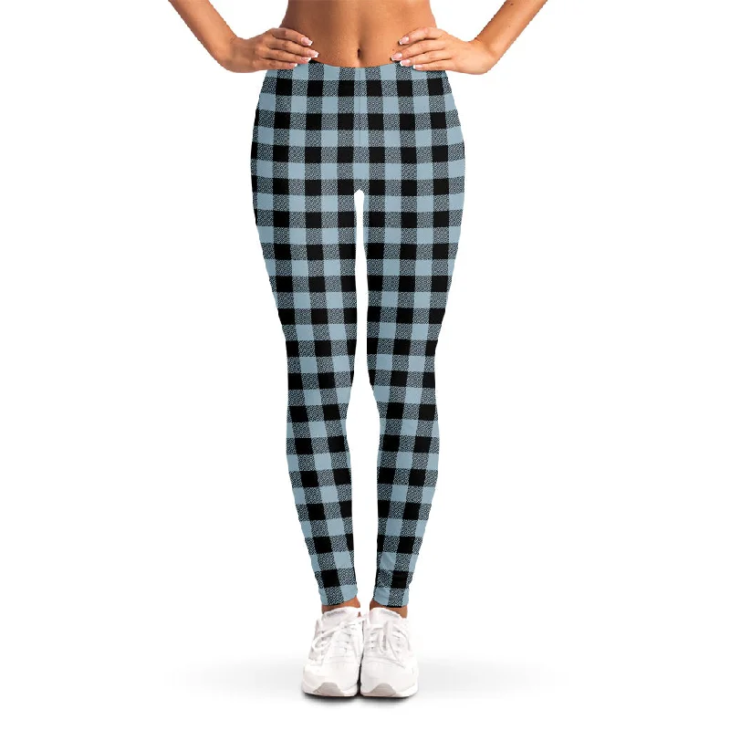 Steel Blue And Black Buffalo Check Print Women's Leggings Fashionable Solid Color Tights