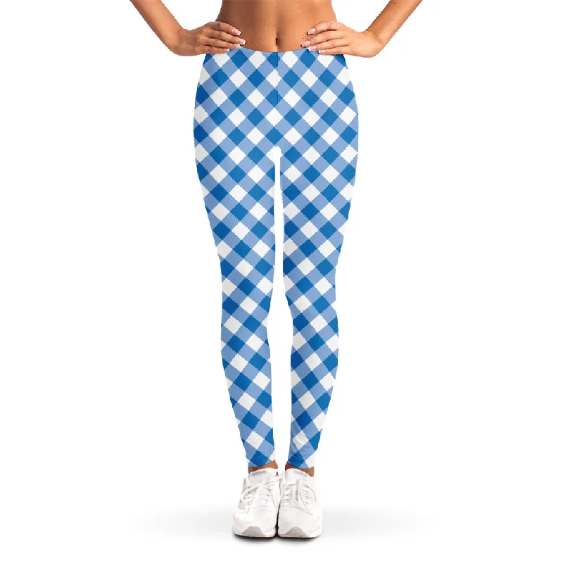 Steel Blue And White Gingham Print Women's Leggings Stylish Capri Leggings