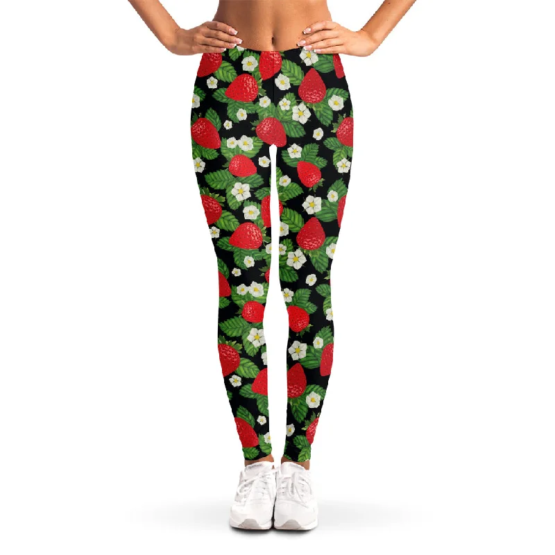 Strawberry And Flower Pattern Print Women's Leggings Comfortable Slim Fit Leggings