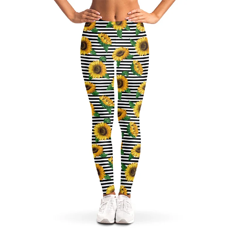 Stripe Sunflower Pattern Print Women's Leggings Comfortable Tummy Shaping Leggings