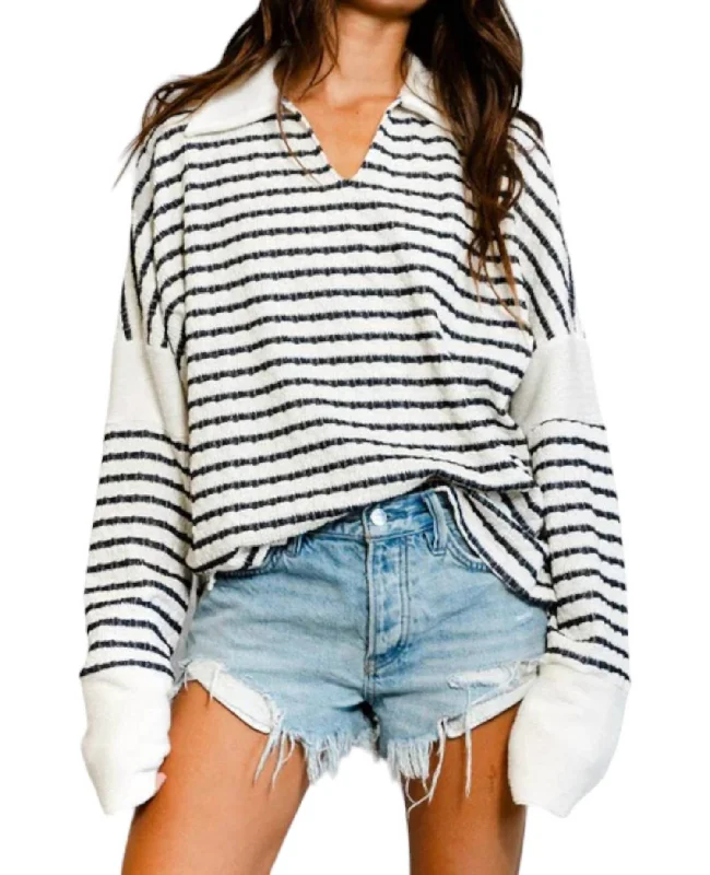 Striped Collared Pullover Sweater In Ivory/black Fleece Sweater Nylon Polyester