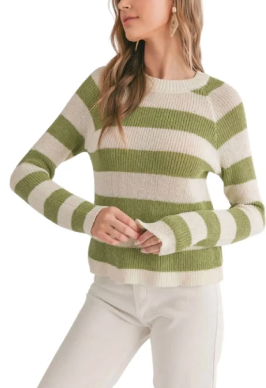 Striped Sweater In Ivory/green Embroidered Appliqued Beaded