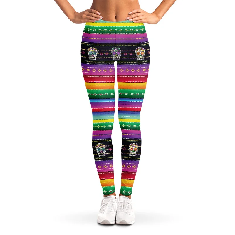 Sugar Skull Mexican Serape Pattern Print Women's Leggings Comfortable Zip-Up Leggings