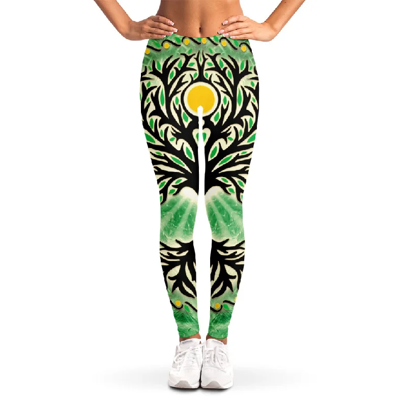 Sun And Moon Yggdrasil Print Women's Leggings Trendy Black Mesh Leggings