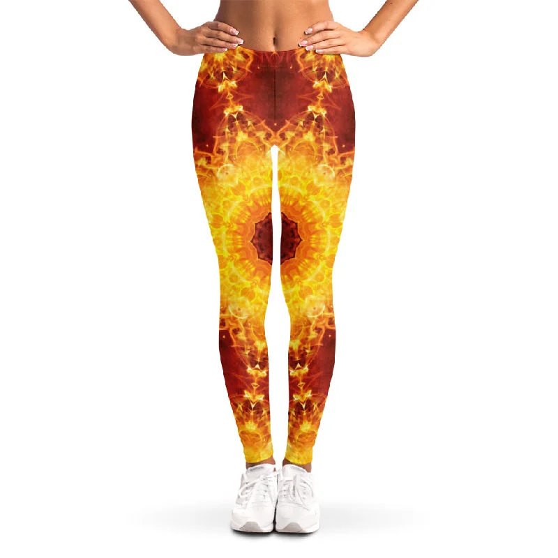 Sun Fire Kaleidoscope Print Women's Leggings Elegant Shiny Black Leggings