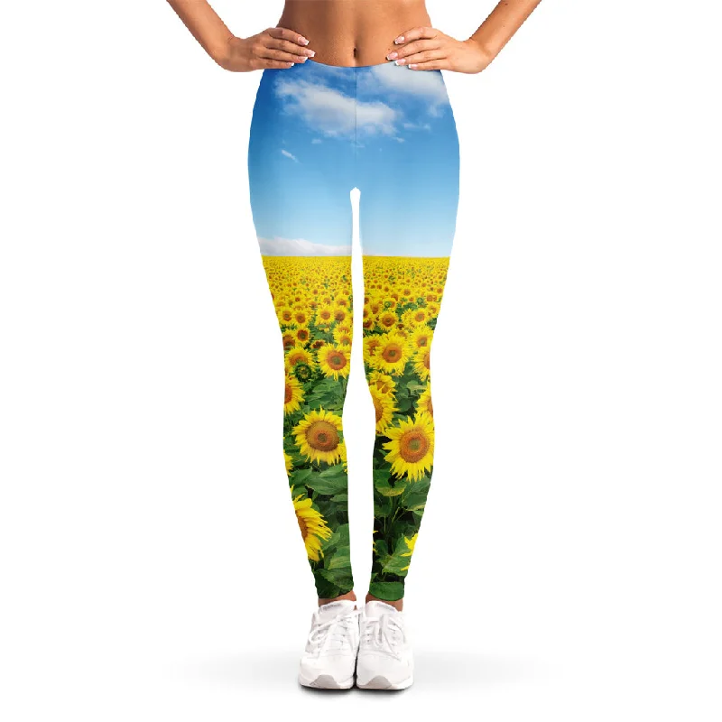 Sunflower Field Print Women's Leggings Cozy Reflective Detail Leggings