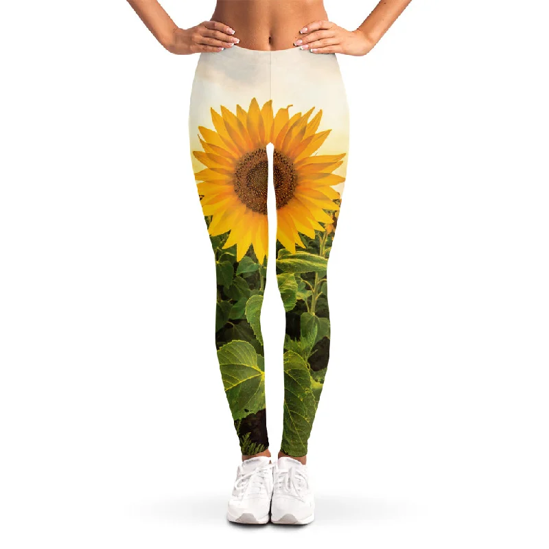 Sunflower Landscape Print Women's Leggings Stylish Pockets Active Leggings