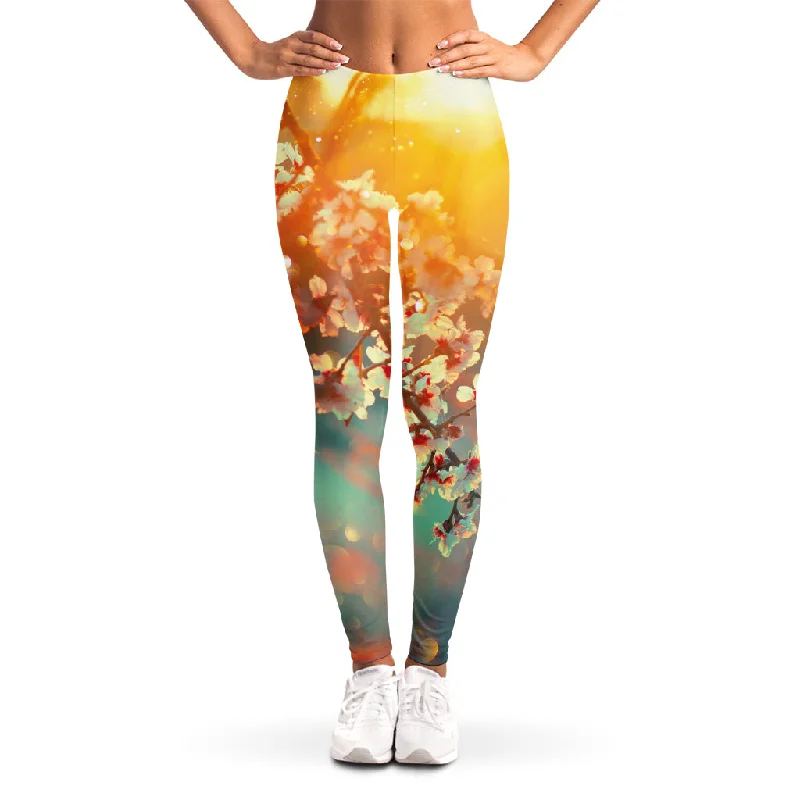 Sunrise Japanese Cherry Blossom Print Women's Leggings Elegant Stretchy Faux Leather Leggings