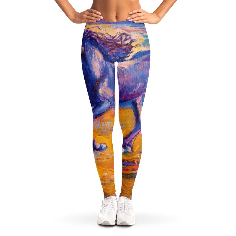 Sunset Horse Painting Print Women's Leggings Elegant Satin Finish Leggings