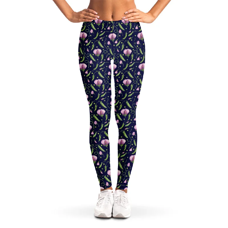 Sweet Pea Floral Pattern Print Women's Leggings Comfortable Wide-Band Leggings