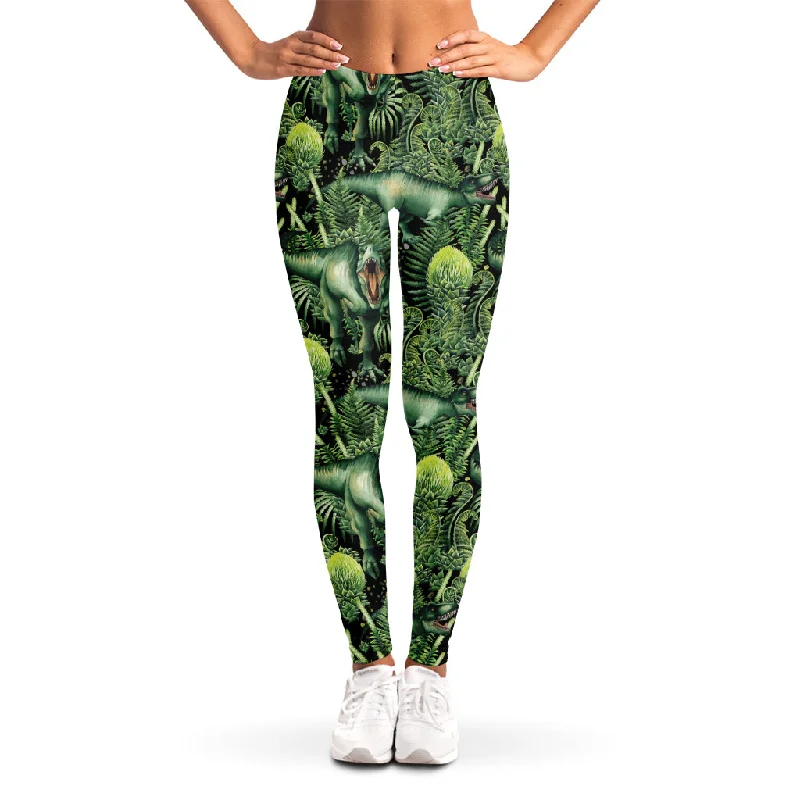 T-Rex Dinosaur And Jurassic Plants Print Women's Leggings Trendy Minimalist Leggings