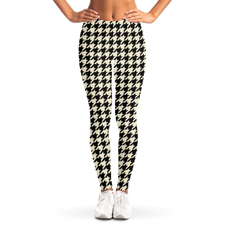 Tan And Black Houndstooth Pattern Print Women's Leggings Cozy Yoga Compression Leggings