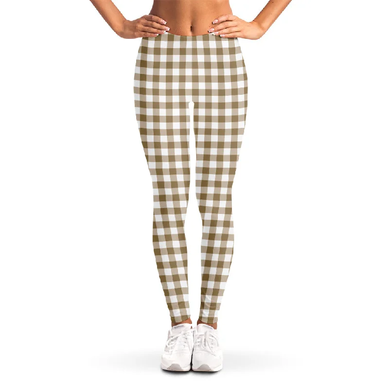 Tan And White Gingham Pattern Print Women's Leggings Comfortable Bootcut Workout Leggings