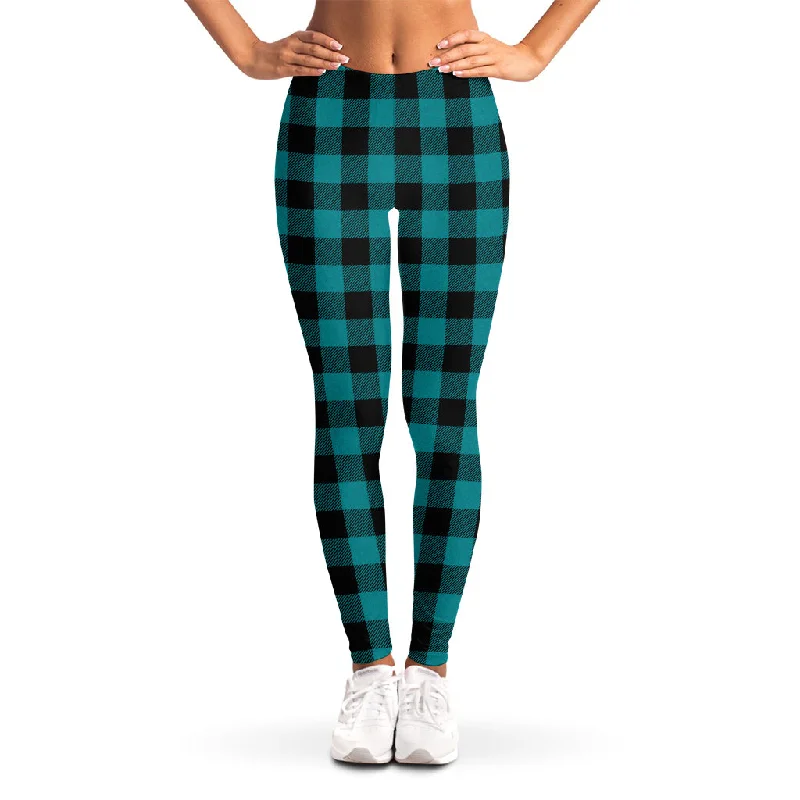 Teal And Black Buffalo Check Print Women's Leggings Trendy Sporty Compression Leggings