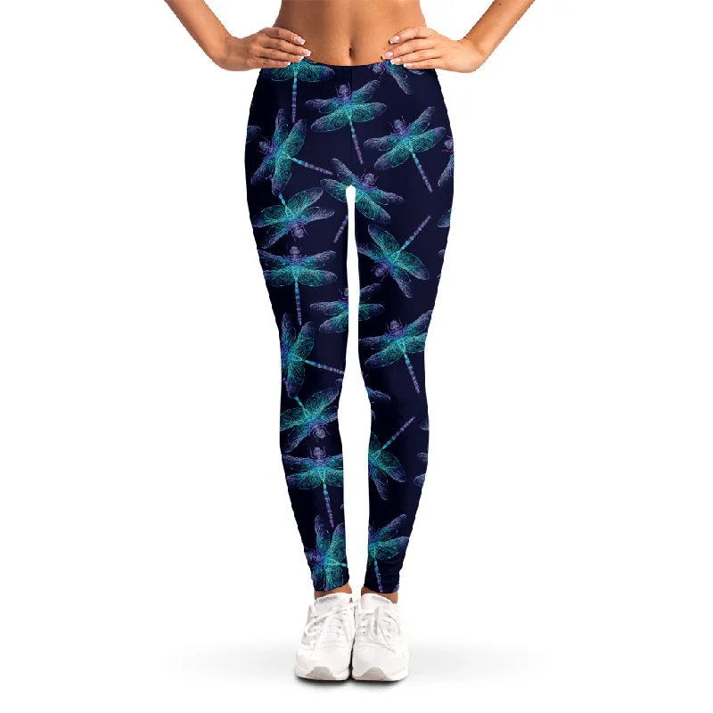 Teal And Purple Dragonfly Pattern Print Women's Leggings Trendy Fitness Leggings