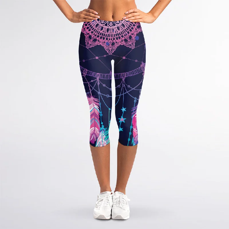 Teal And Purple Dream Catcher Print Women's Capri Leggings Cozy Mid-Rise Workout Leggings