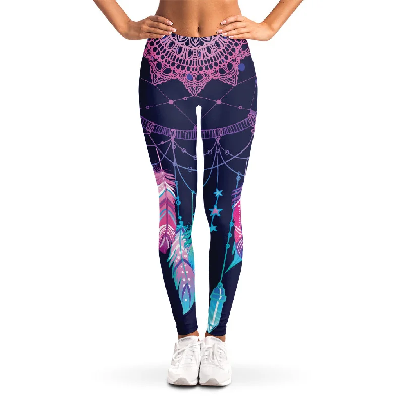 Teal And Purple Dream Catcher Print Women's Leggings Trendy Black Mesh Leggings