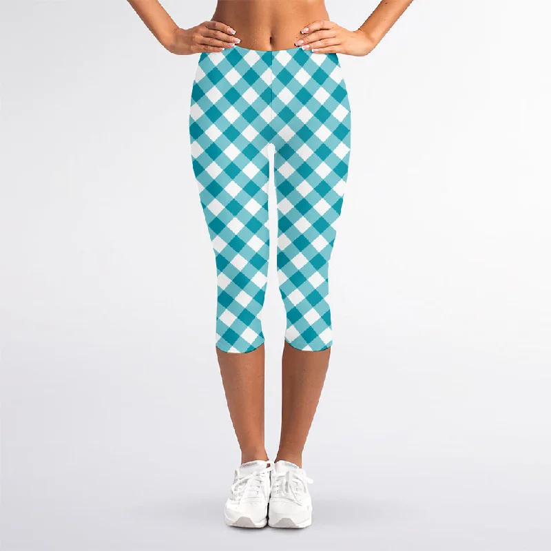 Teal And White Gingham Pattern Print Women's Capri Leggings Stylish Colorful Activewear Leggings