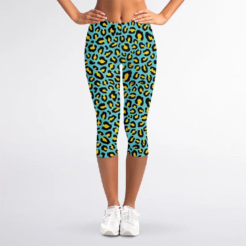 Teal And Yellow Leopard Pattern Print Women's Capri Leggings Fashionable Minimal Active Leggings