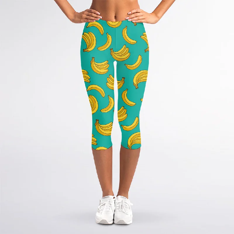 Teal Banana Pattern Print Women's Capri Leggings Comfortable Athletic Tights