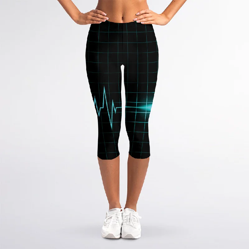 Teal Heartbeat Print Women's Capri Leggings Fashionable Full-Length Active Leggings