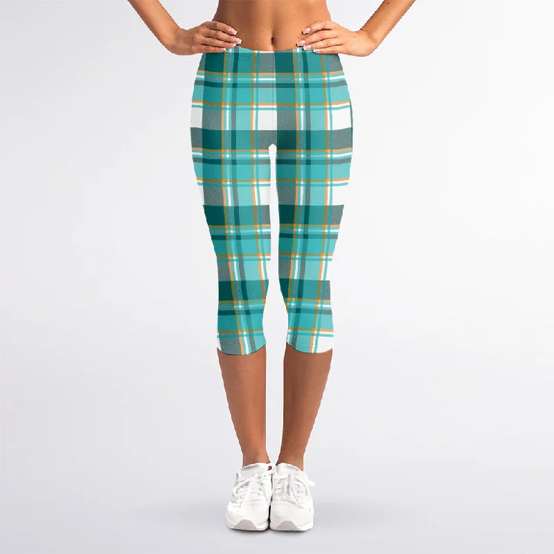 Teal Madras Pattern Print Women's Capri Leggings Comfortable Sports Performance Tights