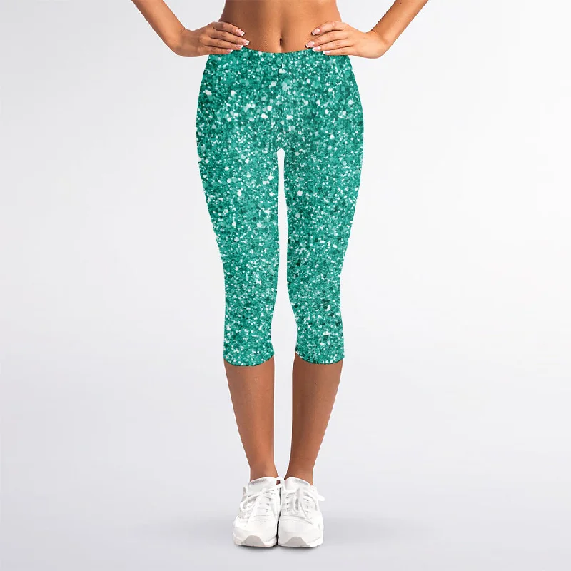 Teal (NOT Real) Glitter Print Women's Capri Leggings Stylish Side-Stripe Leggings