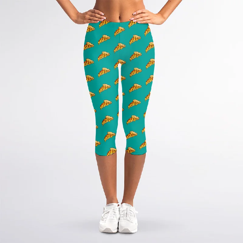 Teal Pizza Pattern Print Women's Capri Leggings Elegant Sheer Leggings