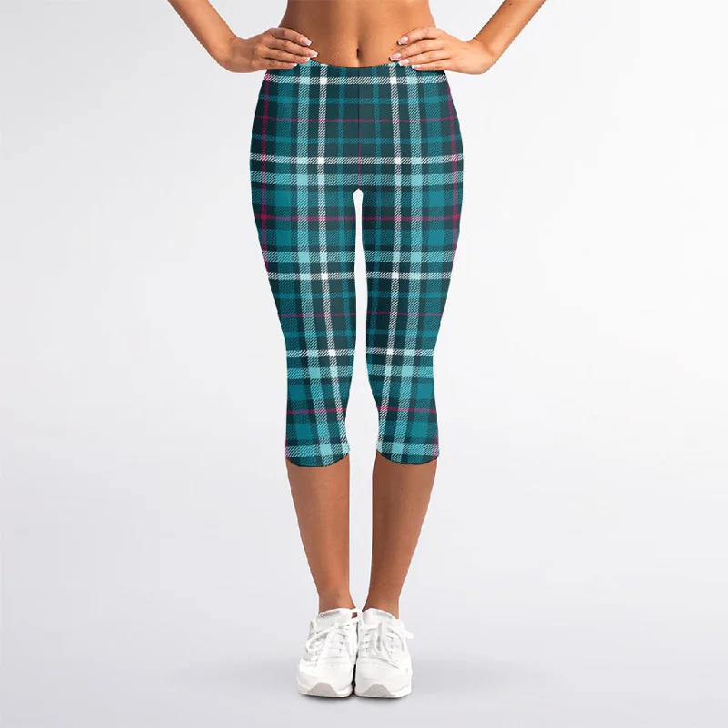 Teal Plaid Pattern Print Women's Capri Leggings Fashionable Stretchy Fit Leggings