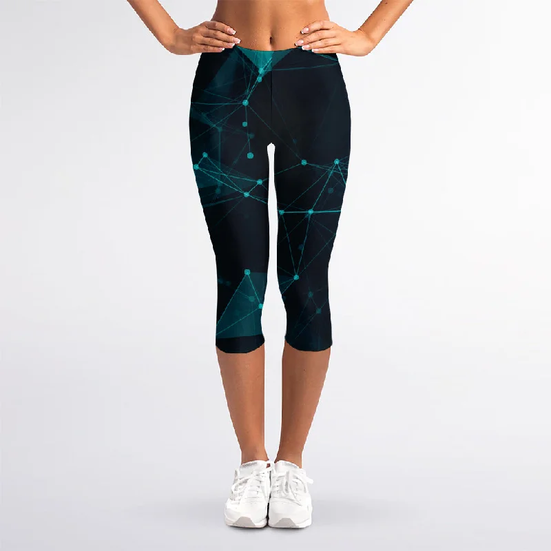 Teal Polygonal Dot Geometric Print Women's Capri Leggings Trendy Seamless Sports Leggings