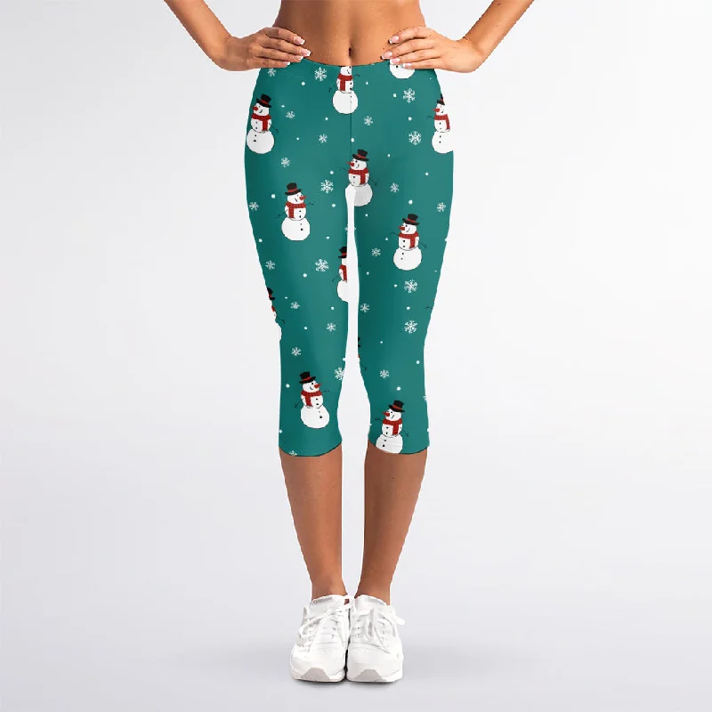 Teal Snowman Pattern Print Women's Capri Leggings Fashionable Fitted Workout Leggings