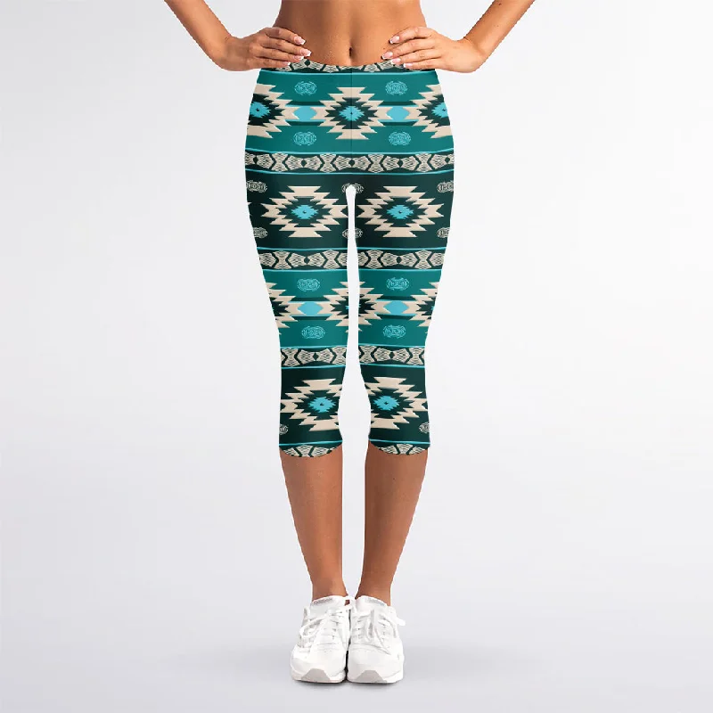 Teal Southwestern Navajo Pattern Print Women's Capri Leggings Stylish Sporty Performance Leggings