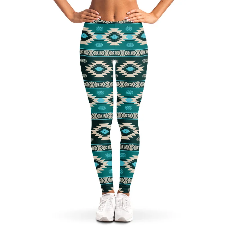 Teal Southwestern Navajo Pattern Print Women's Leggings Stylish Patterned Active Leggings