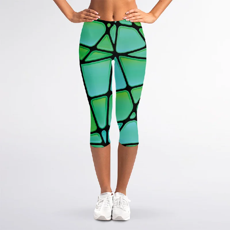 Teal Stained Glass Mosaic Print Women's Capri Leggings Comfortable Bootcut Workout Leggings