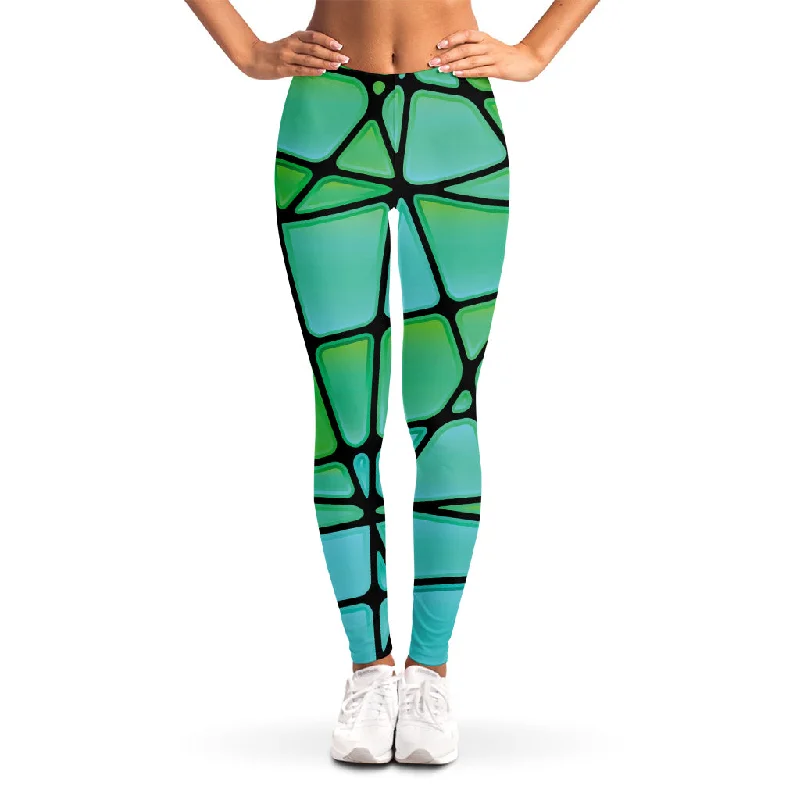 Teal Stained Glass Mosaic Print Women's Leggings Comfortable Capri-Length Leggings