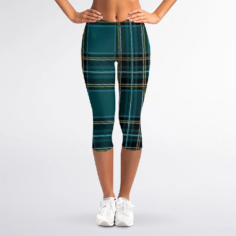 Teal Stewart Tartan Pattern Print Women's Capri Leggings Stylish Everyday Leggings