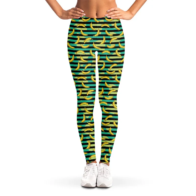 Teal Striped Banana Pattern Print Women's Leggings Trendy Tie-Dye Leggings