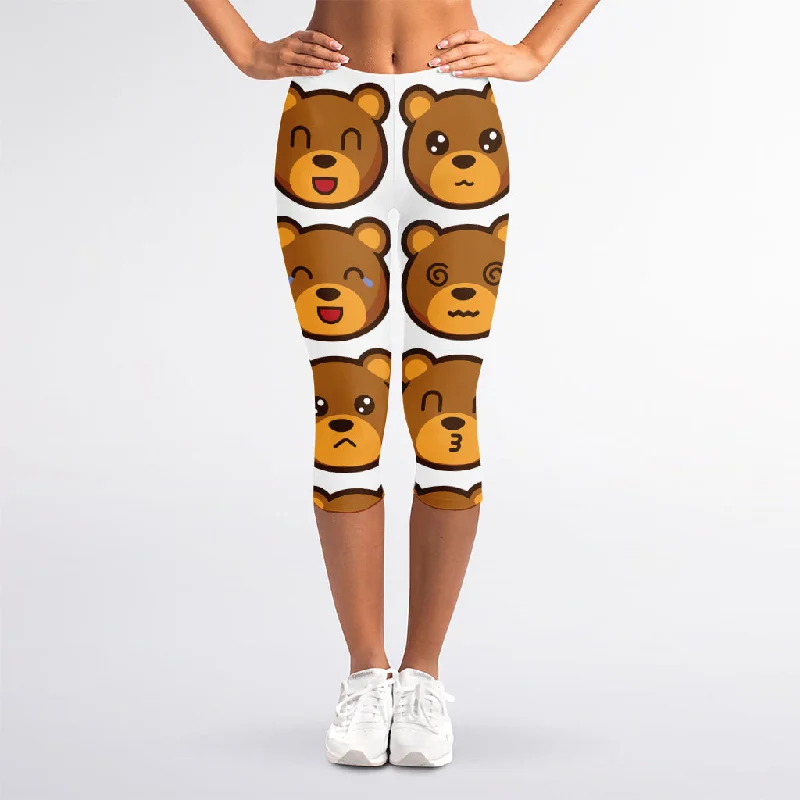 Teddy Bear Emoji Print Women's Capri Leggings Stylish Compression Fit Leggings