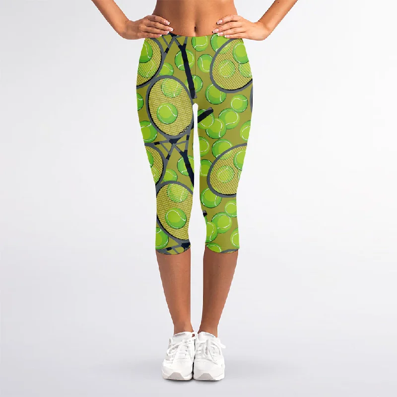 Tennis Ball And Racket Pattern Print Women's Capri Leggings Fashionable Embroidered Detail Leggings