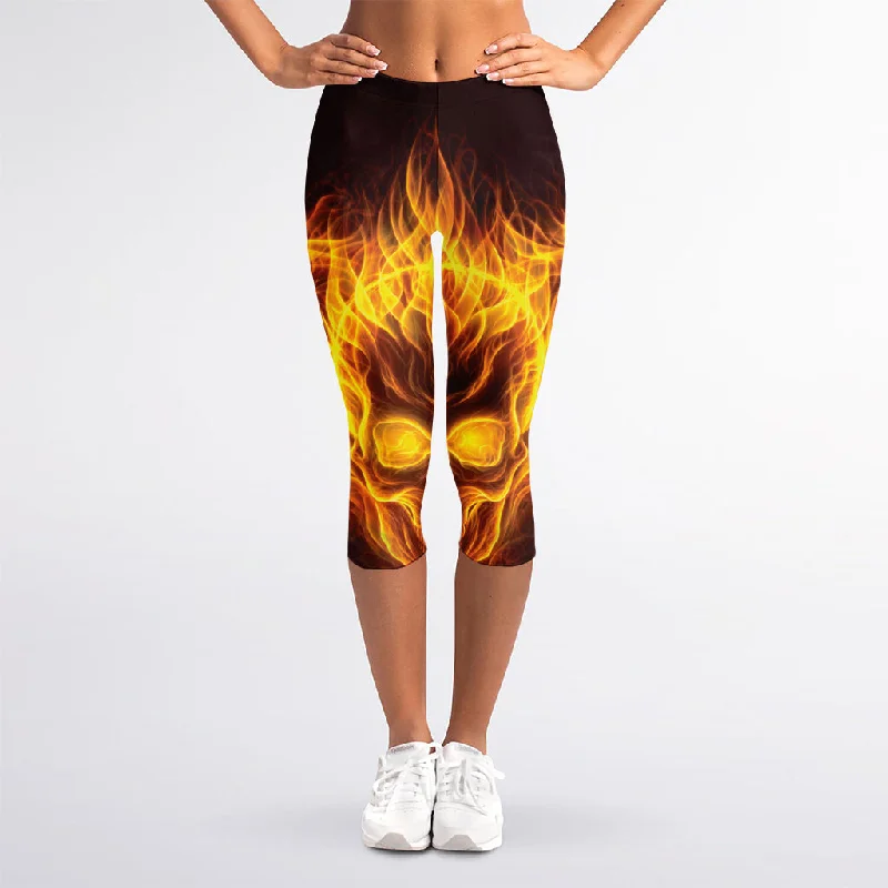 Three Flaming Skull Print Women's Capri Leggings Comfortable Yoga Tights Leggings