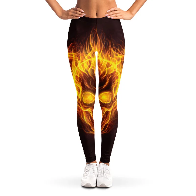 Three Flaming Skull Print Women's Leggings Stylish Ultra Stretch Leggings