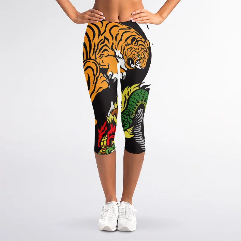 Tiger And Dragon Yin Yang Print Women's Capri Leggings Stylish Camo Print Leggings