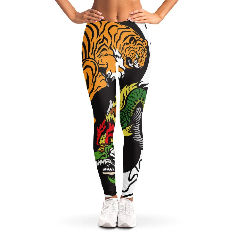 Tiger And Dragon Yin Yang Print Women's Leggings Trendy Colorblock Print Leggings