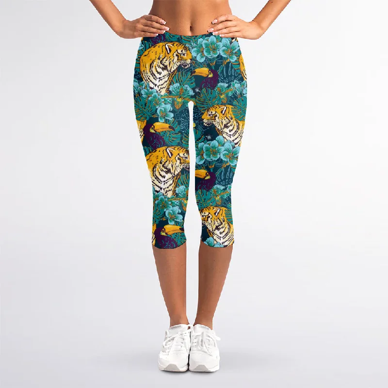 Tiger And Toucan Pattern Print Women's Capri Leggings Chic Printed Yoga Pants