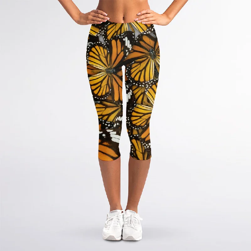 Tiger Monarch Butterfly Pattern Print Women's Capri Leggings Casual Black Leggings