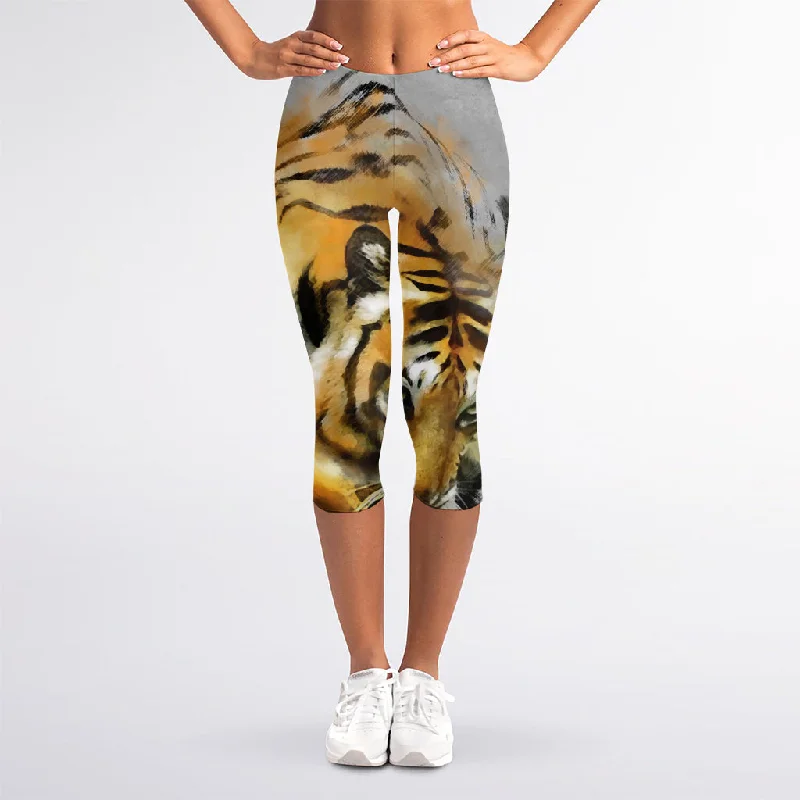 Tiger Painting Print Women's Capri Leggings Comfortable Capri-Length Leggings