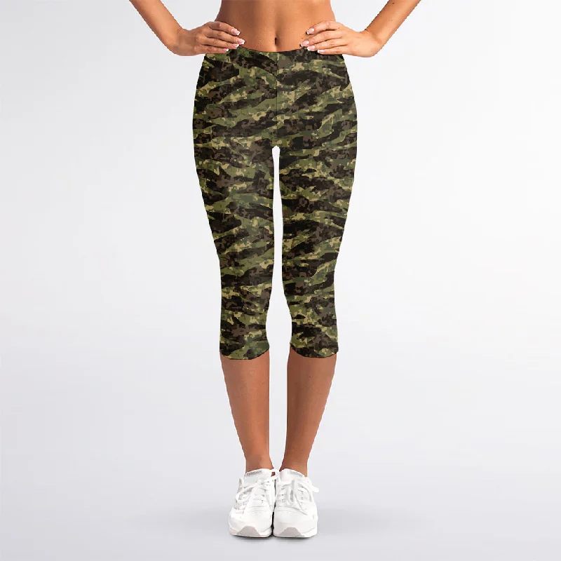 Tiger Stripe Camouflage Pattern Print Women's Capri Leggings Trendy Mesh Leggings