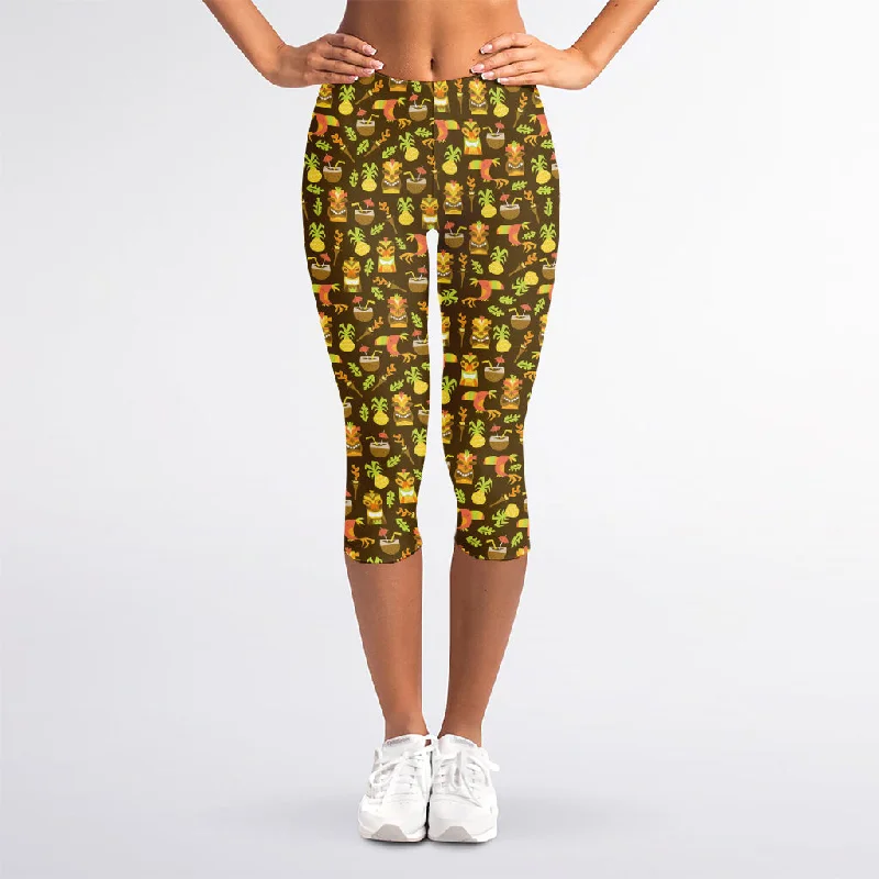 Tiki Luau Pattern Print Women's Capri Leggings Cozy Sweat-Wicking Leggings