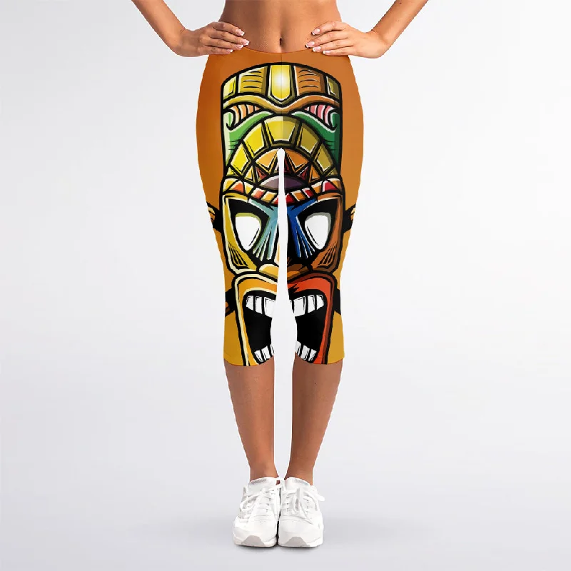 Tiki Totem Print Women's Capri Leggings Trendy High-Waist Tummy Control Leggings