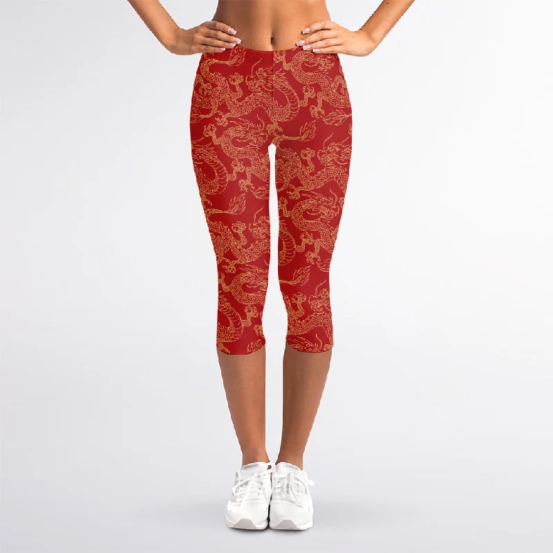 Traditional Chinese Dragon Pattern Print Women's Capri Leggings Comfortable Plus Size Leggings